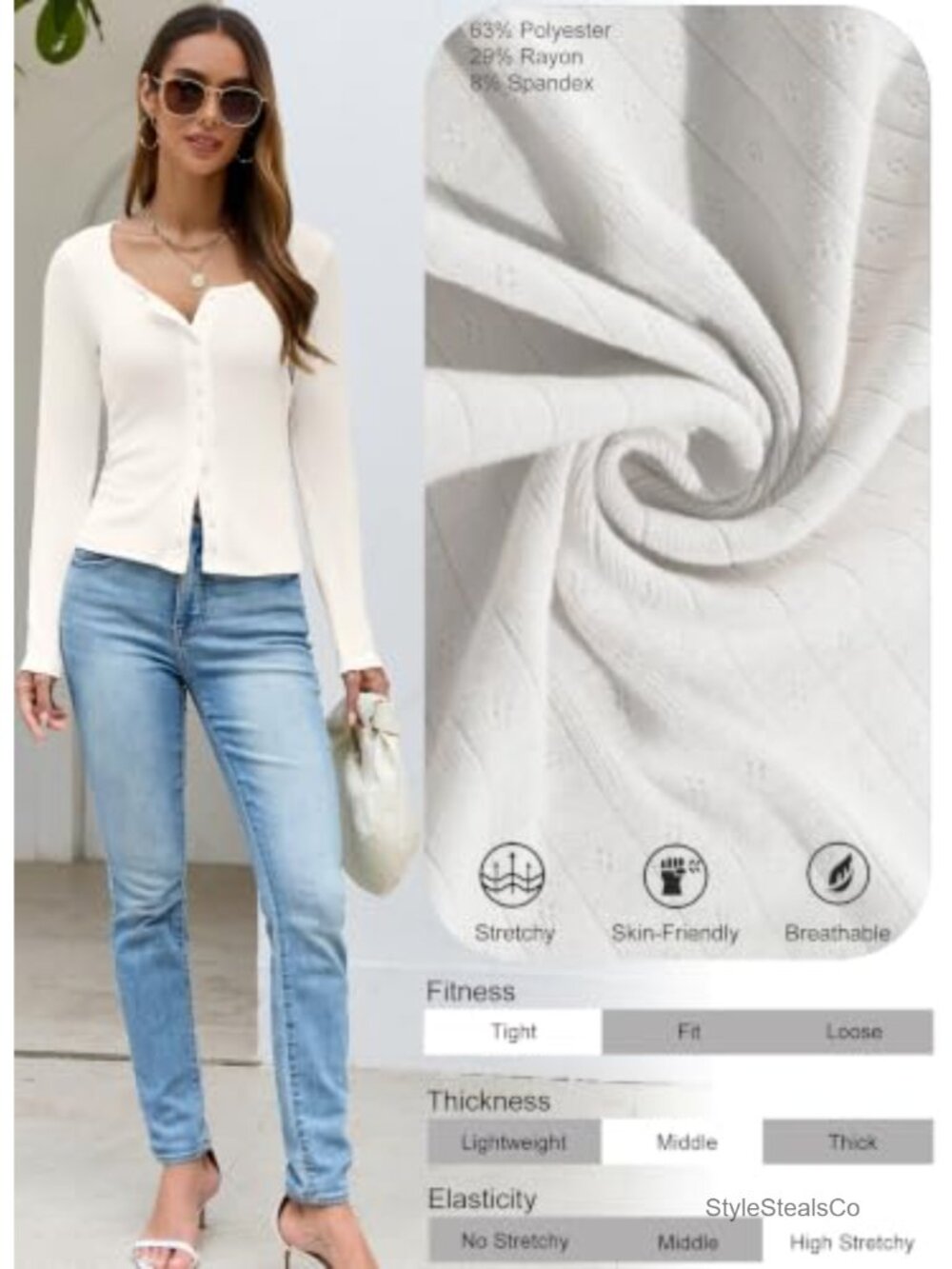 Women's Ribbed Button Down Long Sleeve Picot Trim Tight Tee Shirt - Picture 4 of 6